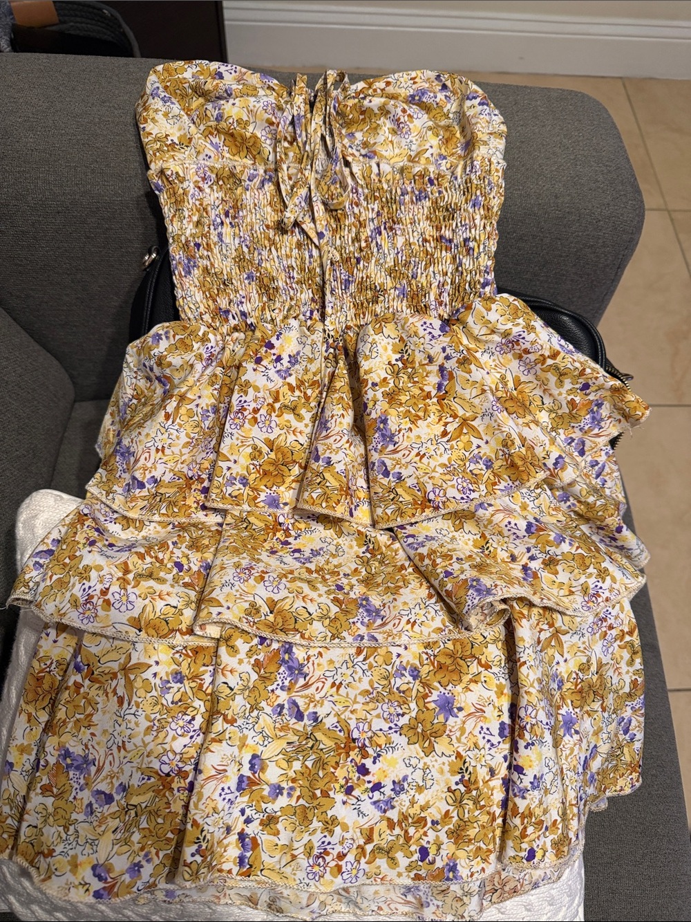 Smocked Strapless Floral Tiered Dress - Yellow & Lavender